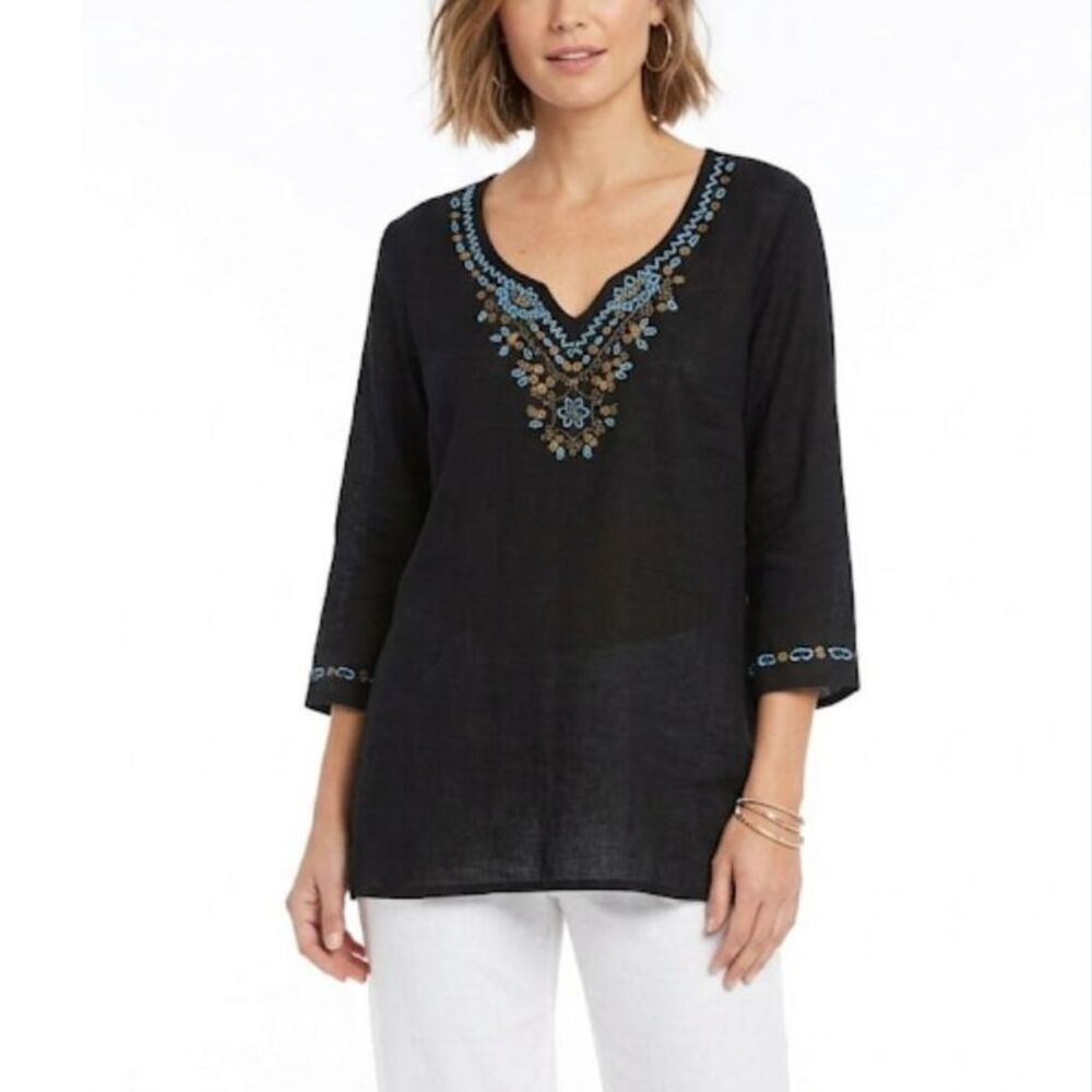 Ulla Popken Black Cotton Gauze Beaded V-Neck 3/4 Sleeve Tunic Top Size 20-22